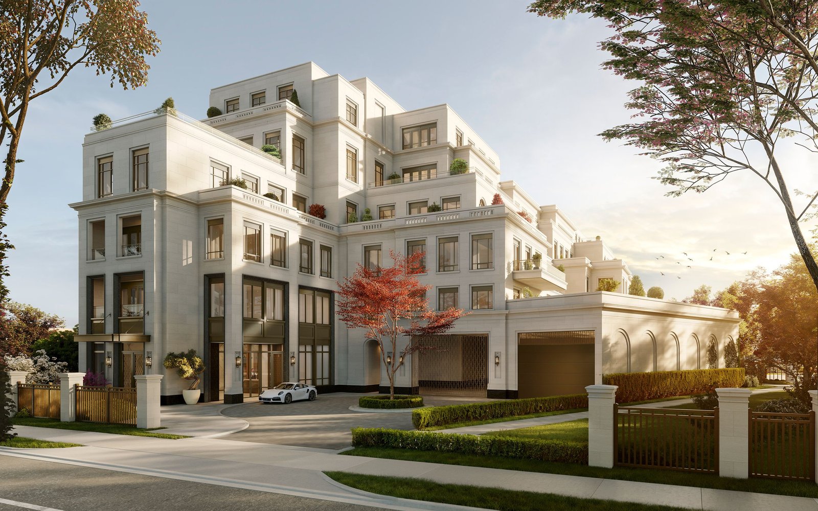 Streetscape view with main entrance of 2 Post Road Condo, Toronto, highlighting elegant design.