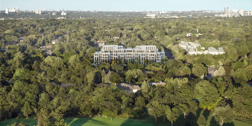 Aerial view of 2 Post Road Condo in Toronto showcasing the building and surrounding neighborhood.